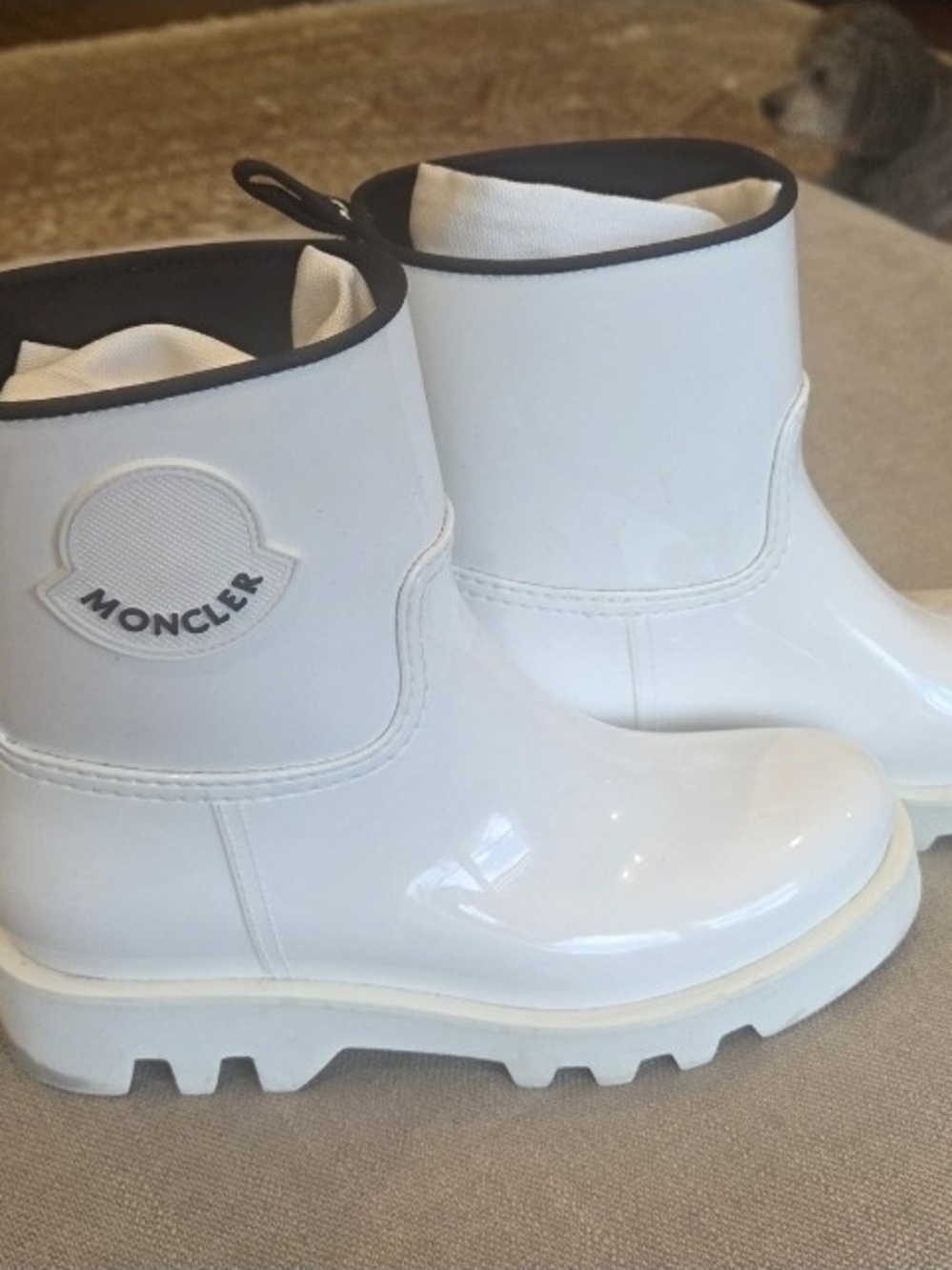 Moncler Size 38 White Glossy Rain Boots with Black Trim